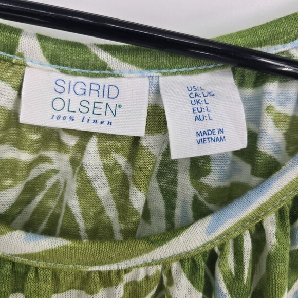 Sigrid Olsen womens size large green blue leaf print linen sleeveless tank - Picture 3 of 6